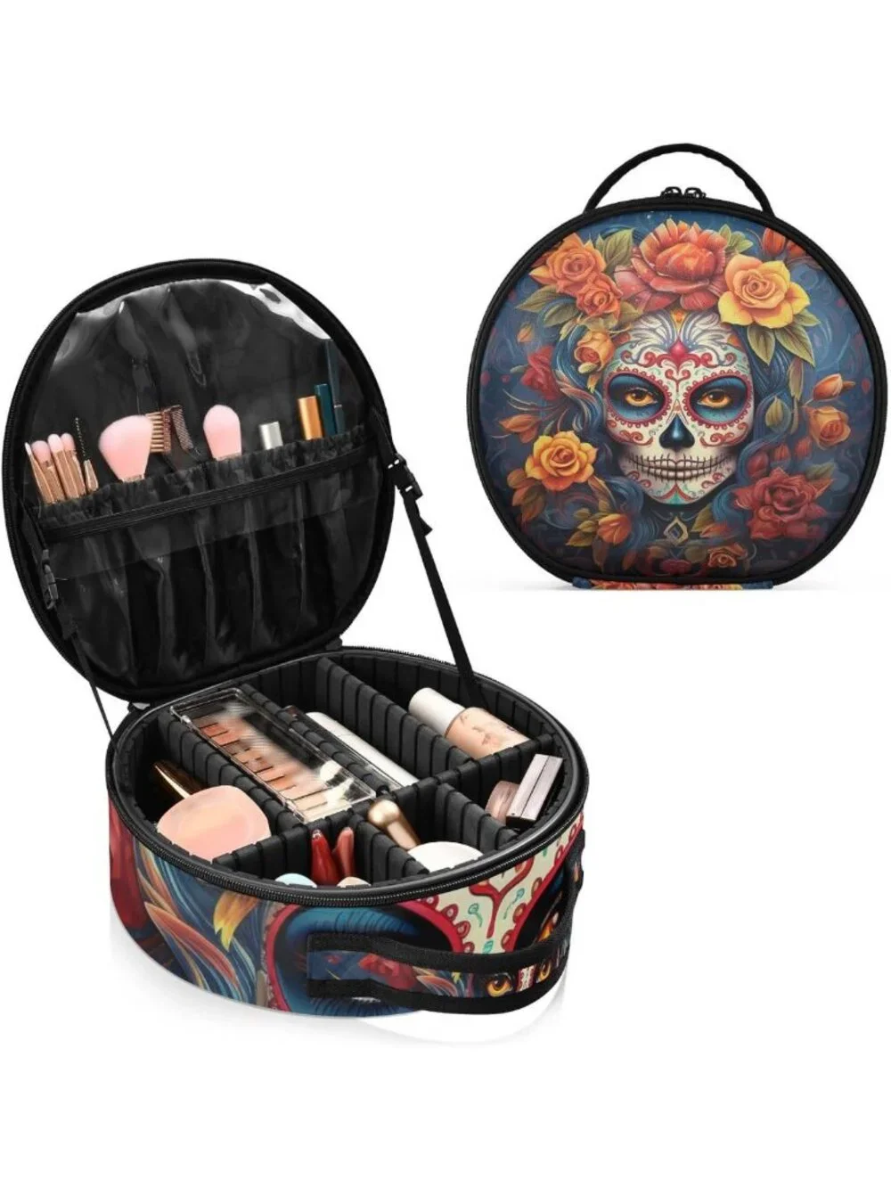 Dia de Muertos Sugar Skull Makeup Case - Portable Travel Artist Storage Bag
